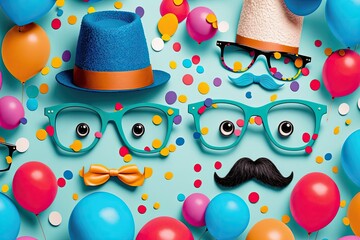 Obraz premium Streamers, confetti, and cartoon faces made from a bow tie, hat, eyeglasses, and lips provide a vibrant backdrop for a carnival or birthday party. Generative AI