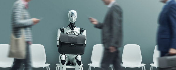 Business people and humanoid robot waiting for a job interview