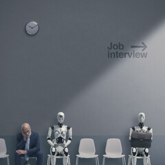 Man and AI robots waiting for a job interview