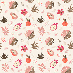 Vector seamless tropical summer organic fruit jungle pattern. Abstract modern background in soft Danish pastel colors. Wrapping paper with monstera leaves, papaya, dragon fruit, oranges, seeds