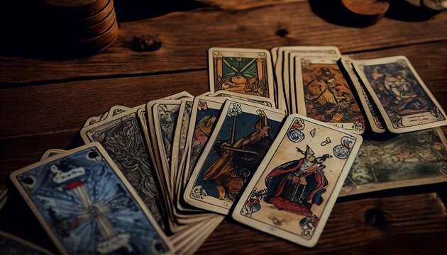 Old tarot card on table