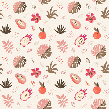 Vector seamless tropical summer organic fruit jungle pattern. Abstract modern background in soft Danish pastel colors. Wrapping paper with monstera leaves, papaya, dragon fruit, oranges, seeds
