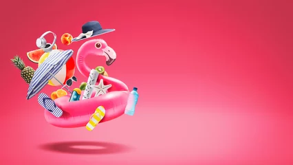 Fototapeten Happy inflatable flamingo and beach accessories © stokkete