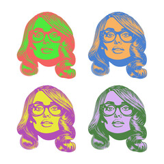 Vector set of color portraits of young pleasant beauty girls in glasses. White isolated background. Stickers of a lady with a beautiful hairstyle.