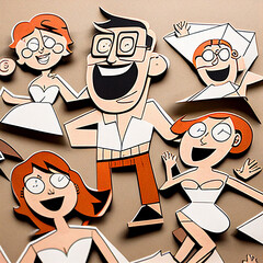 Paperboard Cutouts of Happy People in Cartoon Style AI generated
