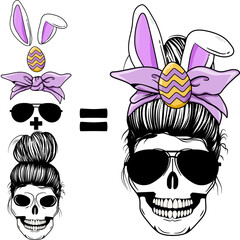 Messy Bun skeleton ,Messy Bun skeleton easter day T-Shirt , Messy Mama Bunny Easter Collection Set , Easter messy bun Svg vector Illustration isolated on white background. girl face with messy hair in