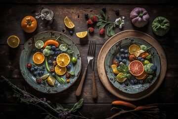 Obraz na płótnie Canvas Plates of fruit and vegetables set out on a distressed wooden table. Vegan fare that's good for you. Generative AI