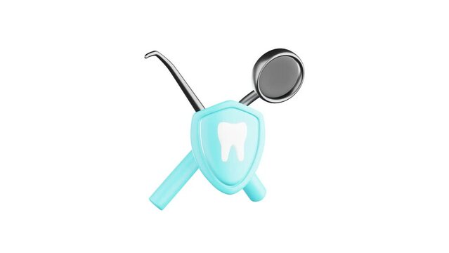 Animation of dental instruments and a blue shield with the image of a tooth. High quality 3d render 4k video on white background
