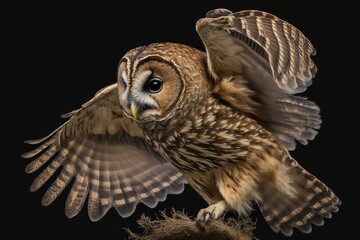 Tawny owl, Strix aluco, in its initial flight, isolated on a black background. This is a young European tiny owl, barely out of the nest. Pictures of birds with their juvenile plumage and their wings