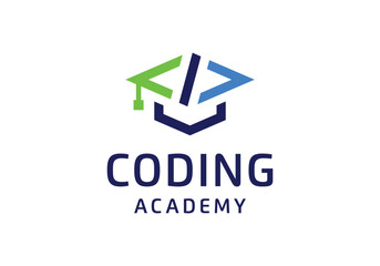 Code symbol with graduation cap for coding education academy logo design - obrazy, fototapety, plakaty