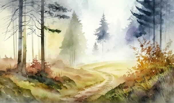 a watercolor painting of a path through a forest with trees on both sides of the path and fog in the air above the trees.  generative ai