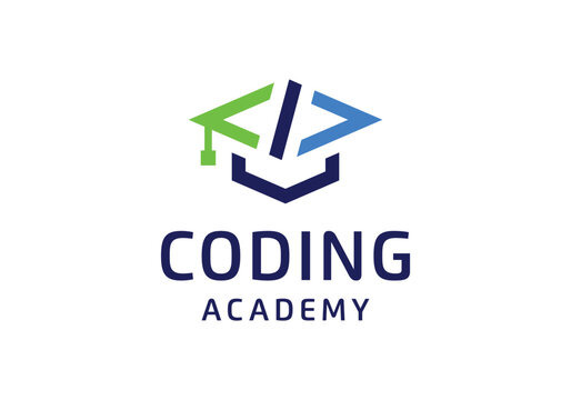 Code symbol with graduation cap for coding education academy logo design