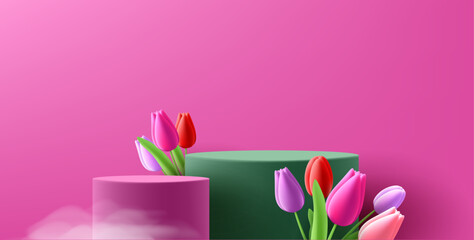 Spring podium mockup surrounded by tulip flowers , Mothers Day product placement scene in bright pink colours