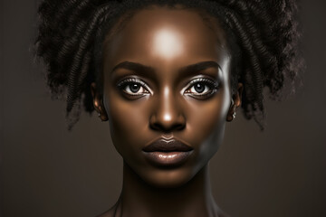 Naklejka na ściany i meble Fashion portrait beautiful black woman with natural makeup in dark studio lighting. Generative AI illustration