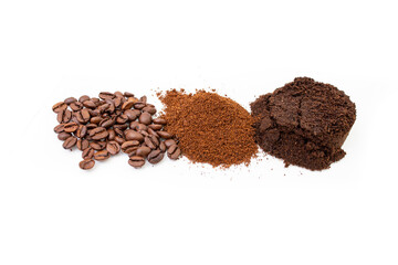 From bean to cup, Coffee trip from beans to used coffee, close up isolated
