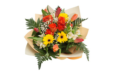 Multicolor flowers bouquet with  tulips, roses, Alstroemeria, daisies and fern leaves