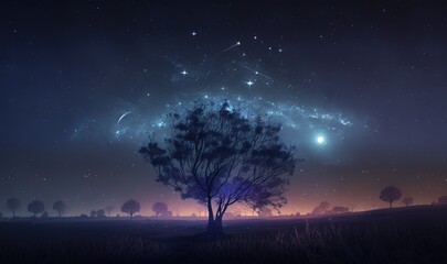 Naklejka na ściany i meble a tree in the middle of a field with stars in the sky above it and a field of grass in the foreground with trees in the foreground. generative ai