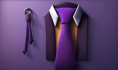  a purple tie and a purple suit hang on a purple wall next to a pair of scissors and a pair of purple ties on a purple wall.  generative ai