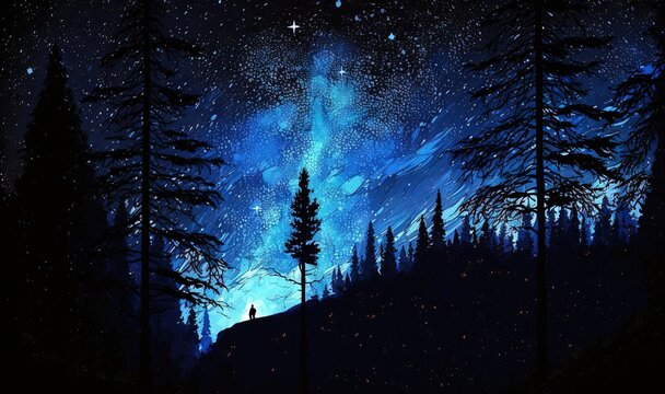  a painting of a night sky with stars and a person standing on a hill in the foreground and trees in the foreground, and a bright blue sky with stars.  generative ai