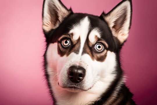 Lazy eyed Siberian husky dog portrait over a pink studio backdrop; canine expressions as a concept. Generative AI