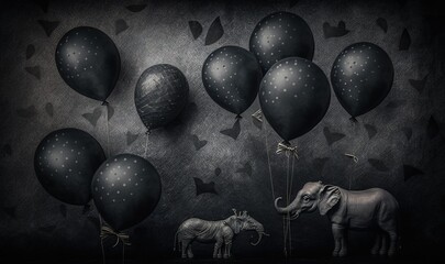  an elephant and a giraffe are standing in front of a wall with black balloons and stars on it and a baby elephant is standing next to it.  generative ai