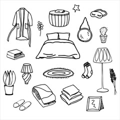 Set of vector bedroom elements . Hand-drawn doodles, sketch, icon, clipart, template, logo. Bed, pillows, plaid, flowers, bathrobe.
