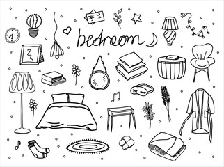 Bedroom doodle set. Hand-drawn vector elements, icons, template, clipart, sketch.