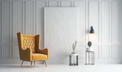  a yellow chair sitting next to a white table with a vase on top of it and a lamp on the side of the wall next to it.  generative ai
