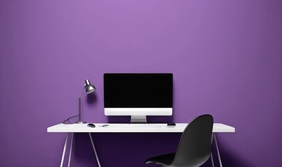  a desk with a computer and a chair in front of a purple wall with a lamp on it and a black chair in front of it.  generative ai