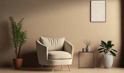  a living room with a chair and a potted plant on the side of the room and a picture frame on the wall above the chair.  generative ai