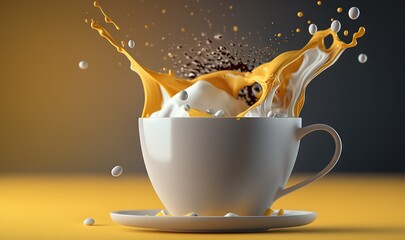  a cup of coffee with a splash of orange juice on top of it and a plate with a spoon on the side of the cup.  generative ai