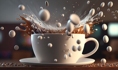  a cup of coffee with water splashing out of the top and a plate on the side of the cup on a table with beads on it.  generative ai