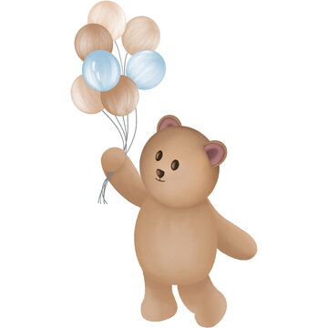 Cute teddy bear holding a balloons. Watercolor animal illustration.baby shower,birthday card,wedding decoration,greeting card,etc.