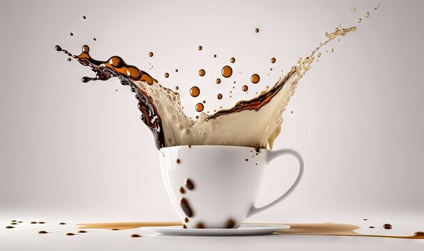  a splash of liquid in a white cup on a saucer on a white tablecloth with brown spots on the floor and a white background.  generative ai