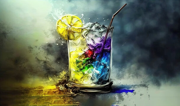  a painting of a colorful drink with a straw and a lemon on the rim, with smoke and water behind it, on a dark background.  generative ai