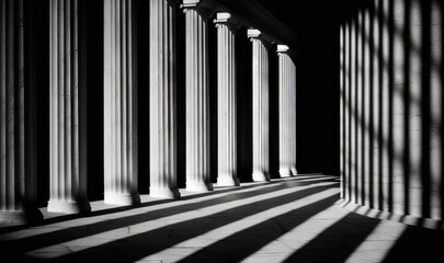  a black and white photo of a row of columns with long shadows on the floor of the columns and the wall of the building behind them.  generative ai