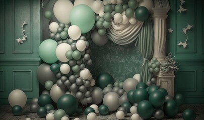  a bunch of balloons that are in a room with a curtain on the wall and stars on the wall and a curtain on the wall.  generative ai