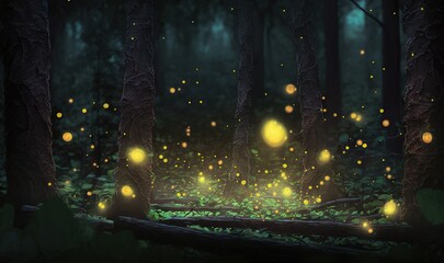  a forest filled with lots of fireflies flying through the air over a lush green forest filled with lots of trees and grass covered in yellow fireflies.  generative ai