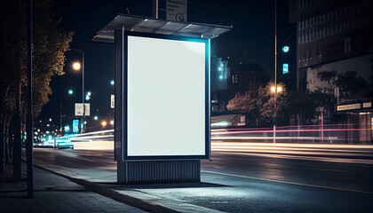 Blank white mock up of vertical light box in a bus stop