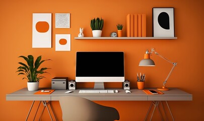 a desk with a computer and a plant on it in a room with an orange wall and a white chair and a white desk lamp.  generative ai