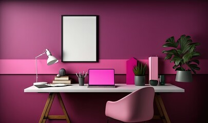  a desk with a laptop, a lamp, a plant, and a picture frame on it in a room with a purple wall and pink color scheme.  generative ai