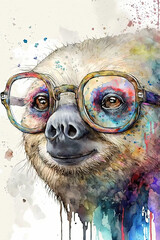Sloth wearing eyeglasses, Psychedelic Illustration. Generative AI