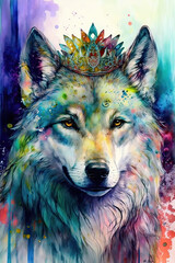 Wolf wearing crown, Psychedelic Illustration. Generative AI