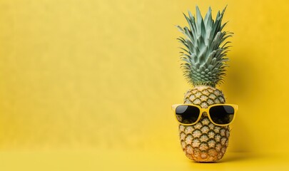  a pineapple wearing sunglasses on a yellow background with a yellow background and a yellow wall in the background is a yellow wall and a yellow wall.  generative ai