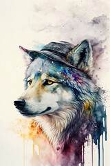 Wolf wearing Hat, Psychedelic Illustration. Generative AI