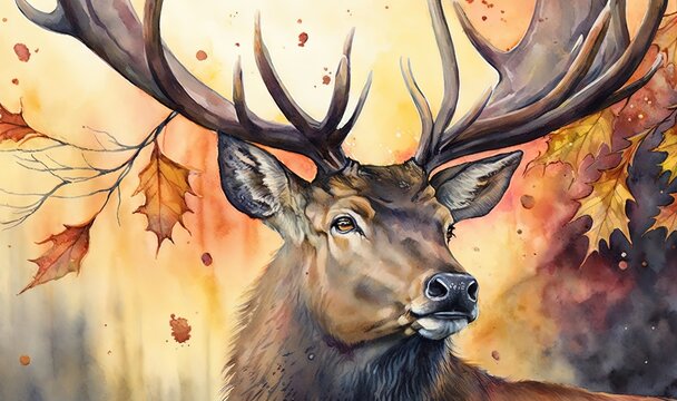  a painting of a deer with antlers on it's head and leaves on the ground behind it, with a yellow sky in the background.  generative ai