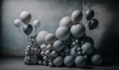  a bunch of balloons floating in the air over a pile of balloons on a concrete floor in a dark room with a concrete wall and concrete floor.  generative ai