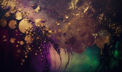  a close up of a painting with drops of water on the surface of the image and the colors of the image are purple, green, yellow, purple, and blue.  generative ai