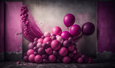  a bunch of balloons that are in the air near a wall with a purple curtain and a purple curtain behind it and a purple curtain.  generative ai