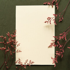 Blank greeting card, invitation and envelope mockup. Minimal floral frame made of dry flowers and...